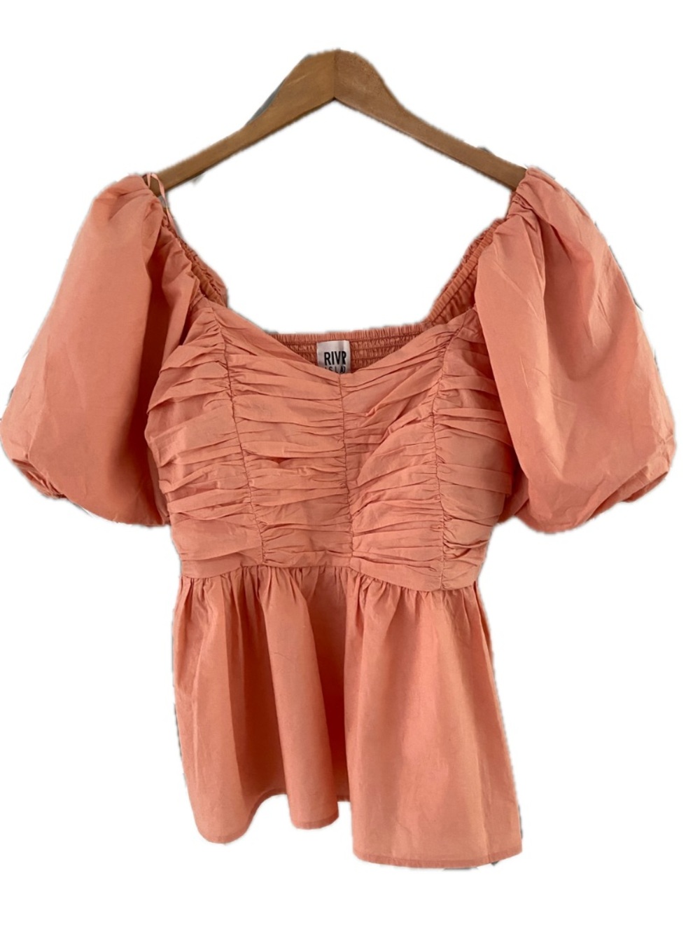 RIVER ISLAND Shirred Puff Sleeve Blouse Light Coral US 8 Cotton Romantic Top